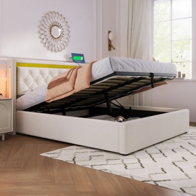 Lit coffre double LED,160x200cm,Beige,rangement,tête de lit USB type C