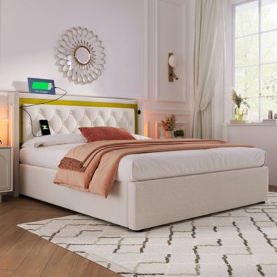 Lit coffre double LED,160x200cm,Beige,rangement,tête de lit USB type C