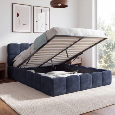 Lit coffre double NUAGE avec tête de lit matelassée et sommier 140 x 190 cm en tissu effet chenille bleu