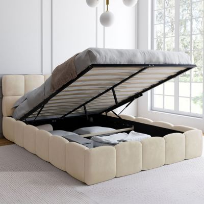 Lit coffre double NUAGE avec tête de lit matelassée et sommier 140 x 190 cm velours beige