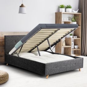 Lit coffre double scandinave LULEA avec tête de lit et sommier 140 x 190 cm tissu gris anthracite