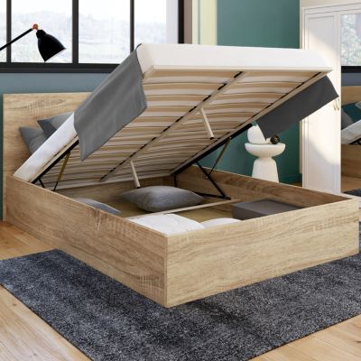 Lit coffre double SEASIDE avec tête de lit et sommier 160 x 200 cm façon hêtre