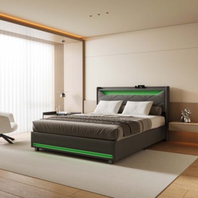 Lit coffre en tissu gris 140x200 cm avec tête de lit LED, prises USB/Type-C, bandes lumineuses et rangement intégré