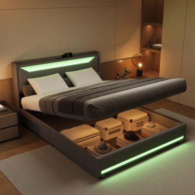 Lit coffre en tissu gris 140x200 cm avec tête de lit LED, prises USB/Type-C, bandes lumineuses et rangement intégré