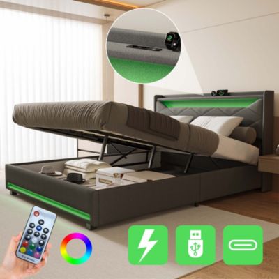 Lit coffre en tissu gris 140x200 cm avec tête de lit LED, prises USB/Type-C, bandes lumineuses et rangement intégré