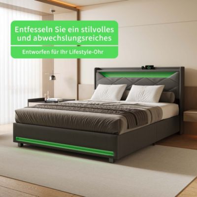 Lit coffre en tissu gris 140x200 cm avec tête de lit LED, prises USB/Type-C, bandes lumineuses et rangement intégré