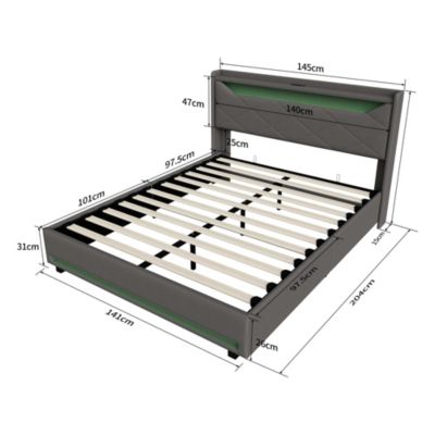 Lit coffre en tissu gris 140x200 cm avec tête de lit LED, prises USB/Type-C, bandes lumineuses et rangement intégré
