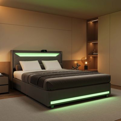 Lit coffre en tissu gris 140x200 cm avec tête de lit LED, prises USB/Type-C, bandes lumineuses et rangement intégré