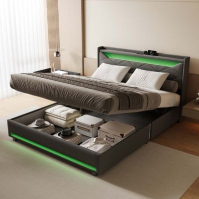 Lit coffre en tissu gris 140x200 cm avec tête de lit LED, prises USB/Type-C, bandes lumineuses et rangement intégré
