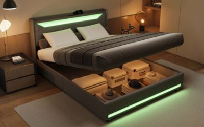 Lit coffre en tissu gris 140x200 cm avec tête de lit LED, prises USB/Type-C, bandes lumineuses et rangement intégré