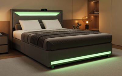 Lit coffre en tissu gris 140x200 cm avec tête de lit LED, prises USB/Type-C, bandes lumineuses et rangement intégré