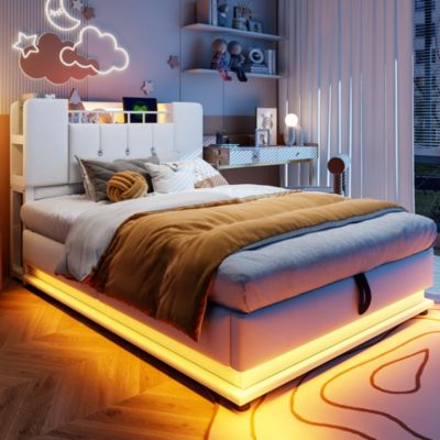 Lit Coffre enfant 90x200 cm, Lit Simple avec LED et Prise USB, Ouverture Hydraulique, Tissu Velours, Beige, Sans Matelas