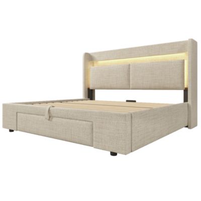 Lit coffre hydraulique rembourré 140 x 200 cm, LED, USB-C, tête de lit, sommier à lattes, sans matelas, beige, tissu effet lin