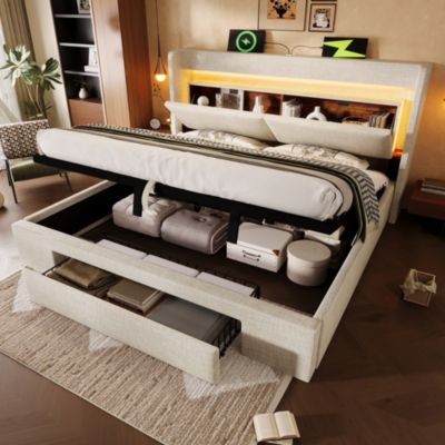 Lit coffre hydraulique rembourré 140 x 200 cm, LED, USB-C, tête de lit, sommier à lattes, sans matelas, beige, tissu effet lin
