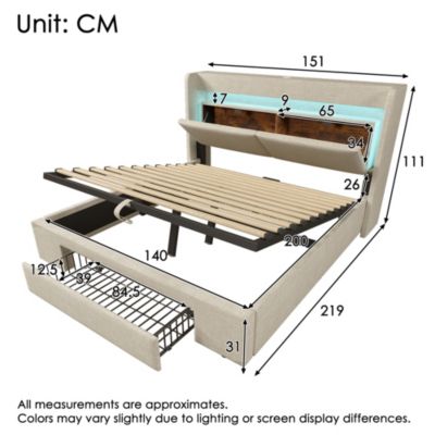 Lit coffre hydraulique rembourré 140 x 200 cm, LED, USB-C, tête de lit, sommier à lattes, sans matelas, beige, tissu effet lin