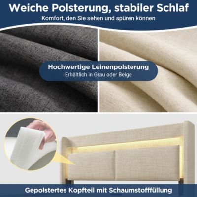 Lit coffre hydraulique rembourré 140 x 200 cm, LED, USB-C, tête de lit, sommier à lattes, sans matelas, beige, tissu effet lin