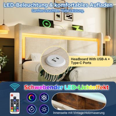 Lit coffre hydraulique rembourré 140 x 200 cm, LED, USB-C, tête de lit, sommier à lattes, sans matelas, beige, tissu effet lin