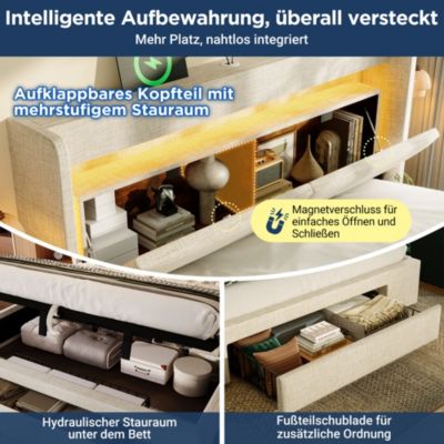 Lit coffre hydraulique rembourré 140 x 200 cm, LED, USB-C, tête de lit, sommier à lattes, sans matelas, beige, tissu effet lin