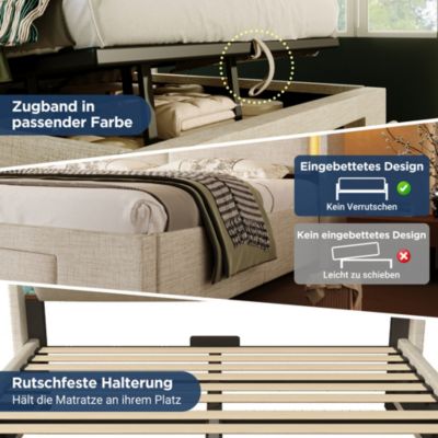 Lit coffre hydraulique rembourré 140 x 200 cm, LED, USB-C, tête de lit, sommier à lattes, sans matelas, beige, tissu effet lin