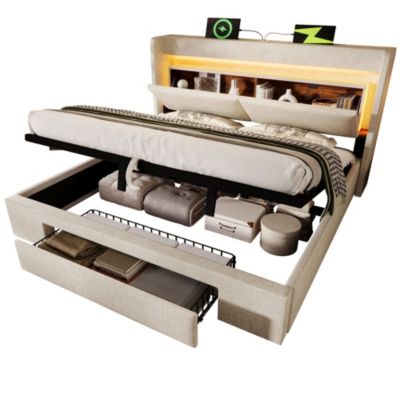 Lit coffre hydraulique rembourré 140 x 200 cm, LED, USB-C, tête de lit, sommier à lattes, sans matelas, beige, tissu effet lin