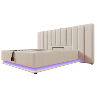 Lit coffre hydraulique rembourré 180 x 200 cm, LED, USB-C, sommier à lattes, avec matelas, beige, tissu effet lin