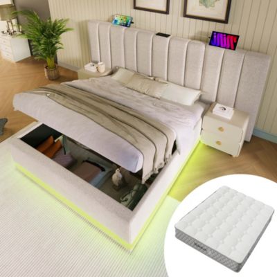 Lit coffre hydraulique rembourré 180 x 200 cm, LED, USB-C, sommier à lattes, avec matelas, beige, tissu effet lin