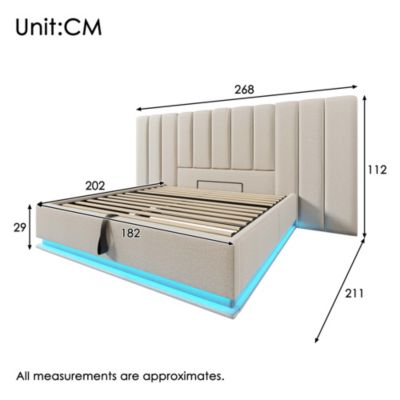 Lit coffre hydraulique rembourré 180 x 200 cm, LED, USB-C, sommier à lattes, avec matelas, beige, tissu effet lin
