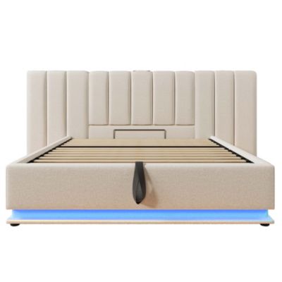 Lit coffre hydraulique rembourré 180 x 200 cm, LED, USB-C, sommier à lattes, avec matelas, beige, tissu effet lin
