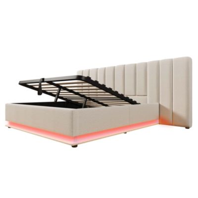 Lit coffre hydraulique rembourré 180 x 200 cm, LED, USB-C, sommier à lattes, avec matelas, beige, tissu effet lin