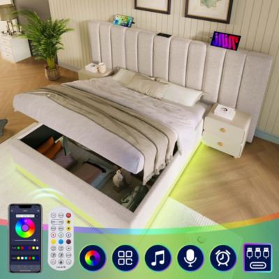 Lit coffre hydraulique rembourré 180 x 200 cm, LED, USB-C, sommier à lattes, avec matelas, beige, tissu effet lin