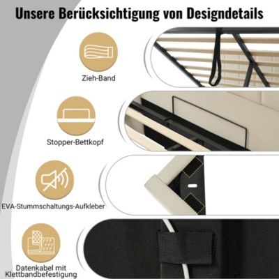 Lit coffre hydraulique rembourré 180 x 200 cm, LED, USB-C, sommier à lattes, avec matelas, beige, tissu effet lin