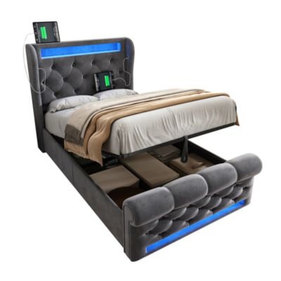 Lit coffre hydraulique rembourré 90 x 200 cm, LED, USB, tête de lit, avec matelas, gris, velours