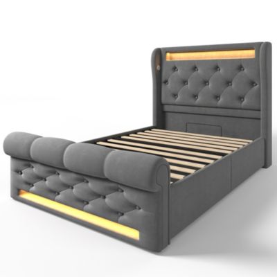 Lit coffre hydraulique rembourré 90 x 200 cm, LED, USB, tête de lit, avec matelas, gris, velours