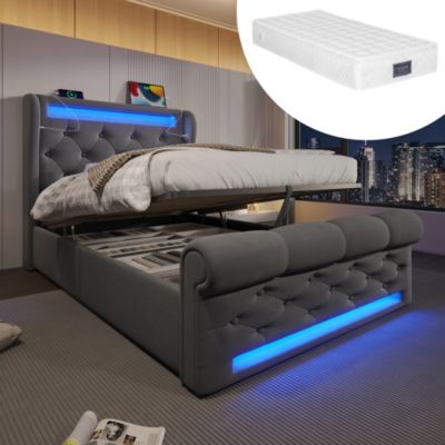 Lit coffre hydraulique rembourré 90 x 200 cm, LED, USB, tête de lit, avec matelas, gris, velours
