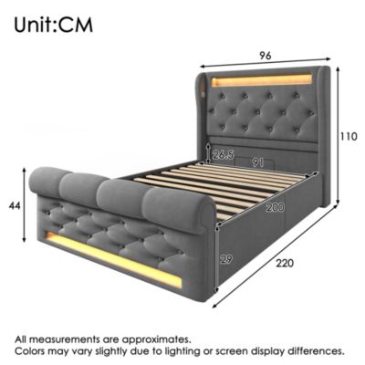 Lit coffre hydraulique rembourré 90 x 200 cm, LED, USB, tête de lit, avec matelas, gris, velours