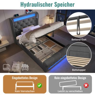 Lit coffre hydraulique rembourré 90 x 200 cm, LED, USB, tête de lit, avec matelas, gris, velours