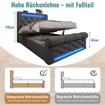 Lit coffre hydraulique rembourré 90 x 200 cm, LED, USB, tête de lit, avec matelas, gris, velours