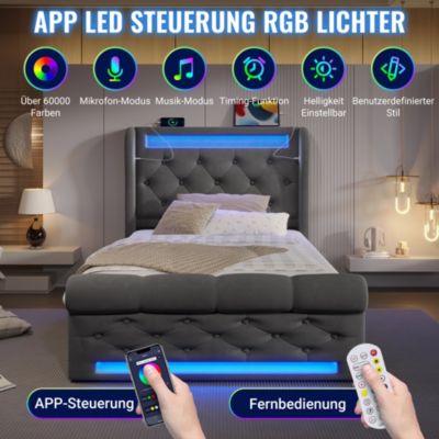 Lit coffre hydraulique rembourré 90 x 200 cm, LED, USB, tête de lit, avec matelas, gris, velours
