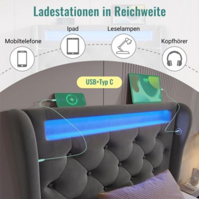 Lit coffre hydraulique rembourré 90 x 200 cm, LED, USB, tête de lit, avec matelas, gris, velours