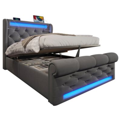 Lit coffre hydraulique rembourré 90 x 200 cm, LED, USB, tête de lit, avec matelas, gris, velours
