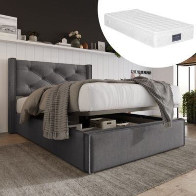 Lit coffre hydraulique rembourré 90 x 200 cm, tête de lit, sommier à lattes, avec matelas, gris, coton