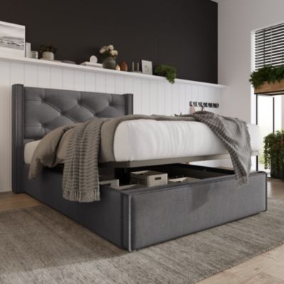 Lit coffre hydraulique rembourré 90 x 200 cm, tête de lit, sommier à lattes, avec matelas, gris, coton