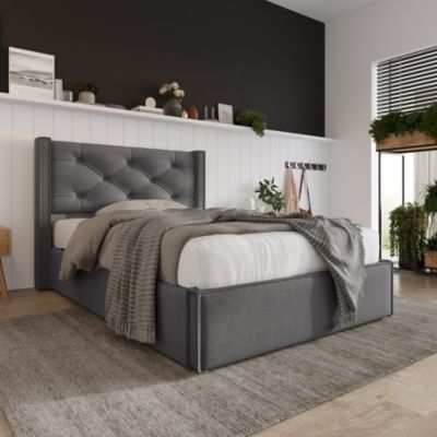 Lit coffre hydraulique rembourré 90 x 200 cm, tête de lit, sommier à lattes, avec matelas, gris, coton