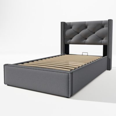 Lit coffre hydraulique rembourré 90 x 200 cm, tête de lit, sommier à lattes, avec matelas, gris, coton