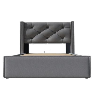 Lit coffre hydraulique rembourré 90 x 200 cm, tête de lit, sommier à lattes, avec matelas, gris, coton