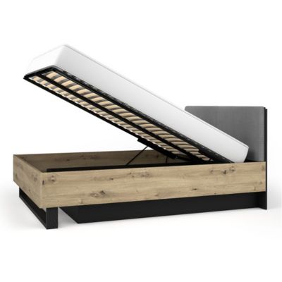 Lit coffre MELODY 180x200 cm  Tete de lit rembourrée  Noir graphite et chene clair  5 colis