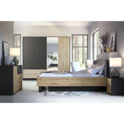Lit coffre MELODY 180x200 cm  Tete de lit rembourrée  Noir graphite et chene clair  5 colis