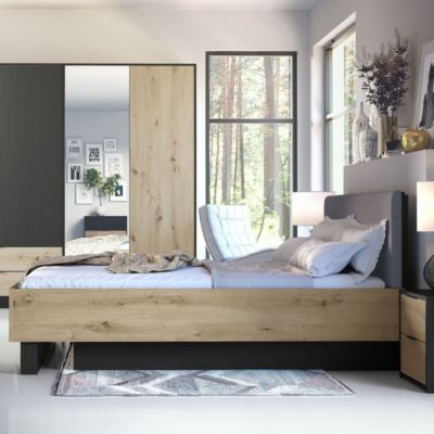Lit coffre MELODY 180x200 cm  Tete de lit rembourrée  Noir graphite et chene clair  5 colis