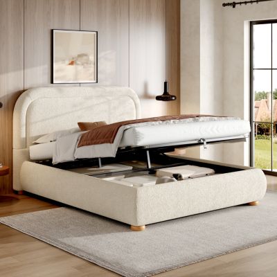 Lit coffre rembourré 140x190 cm avec rangement - Tête de lit rembourrée - Sommier à lattes - Tissu bouclé - Beige(sans matelas)