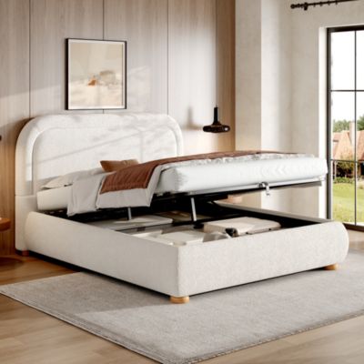 Lit coffre rembourré 160x200 cm avec rangement - Tête de lit rembourrée - Sommier à lattes - Tissu bouclé - Blanc(sans matelas)